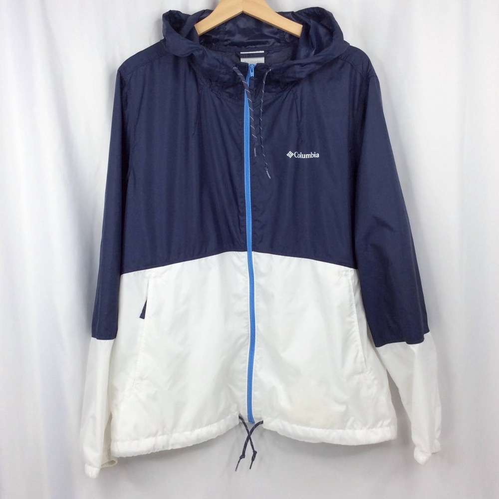 Columbia Women's Lightweight Hooded Windbreaker Jacket Size XL Navy Blue White